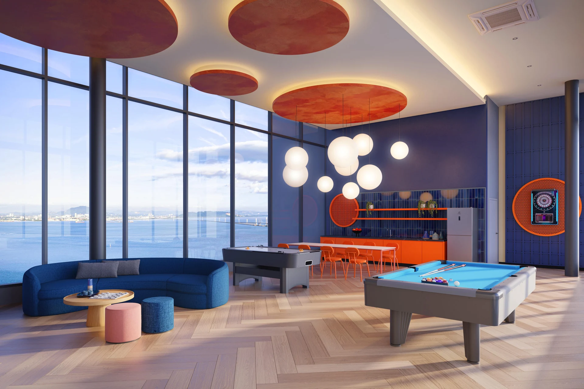 Games lounge with billiards, foosball and waterfront views at The Lighthauz Penang