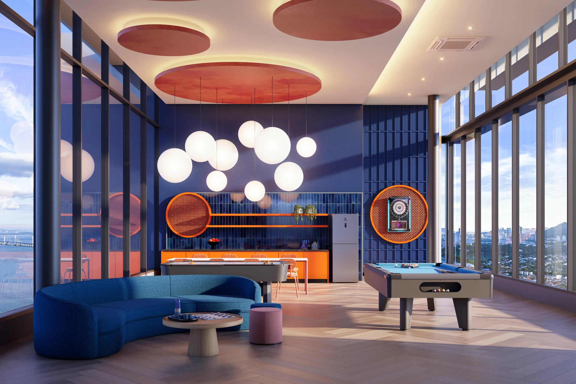 Games lounge with billiards and floor-to-ceiling windows at The Lighthauz Penang