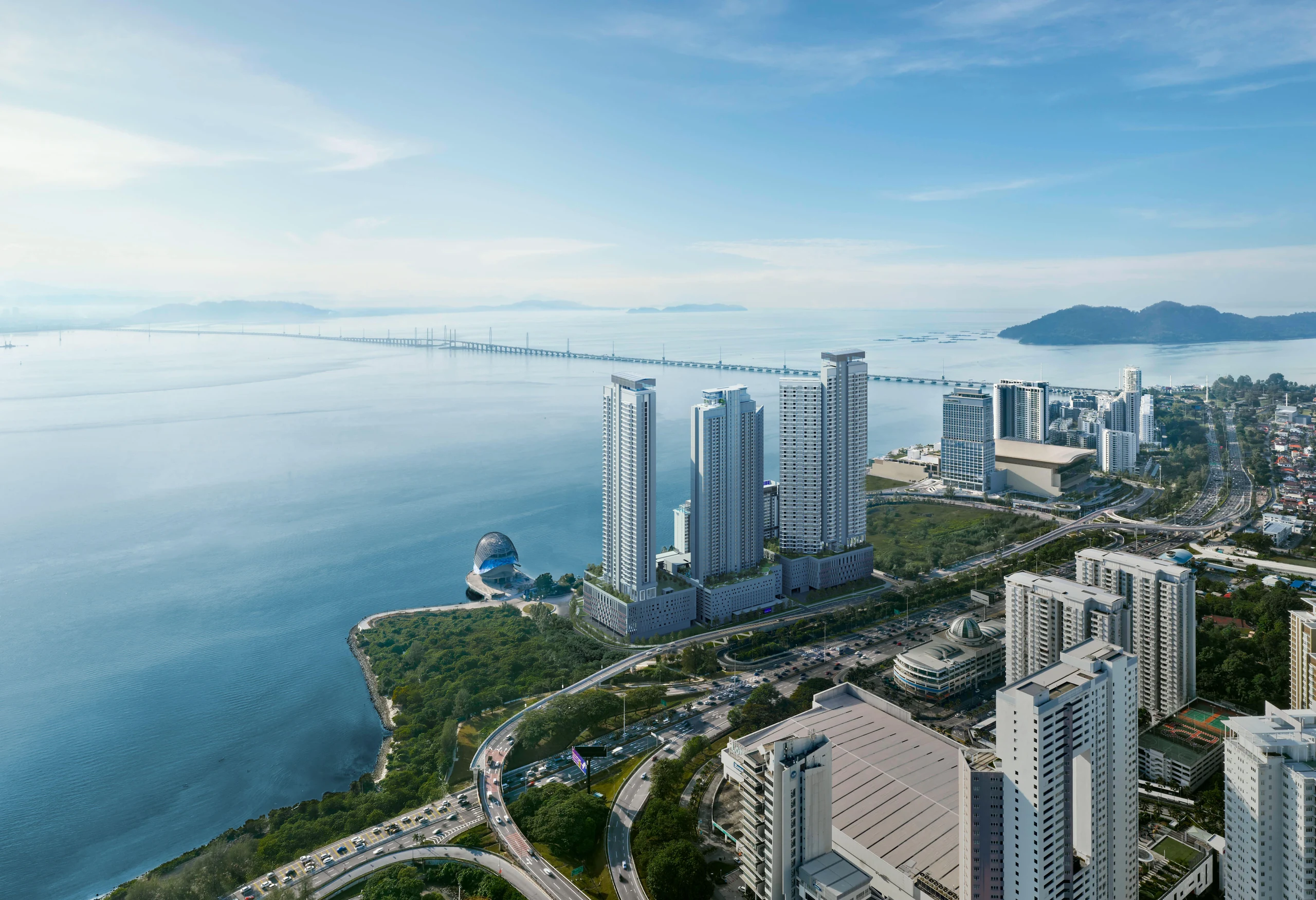 Aerial waterfront view of The Lighthauz in Gelugor, Penang