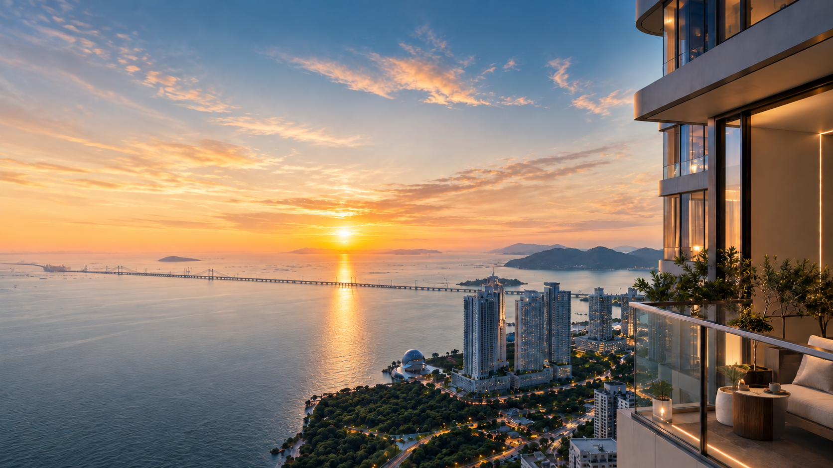 Sunset waterfront and balcony architectural illustration